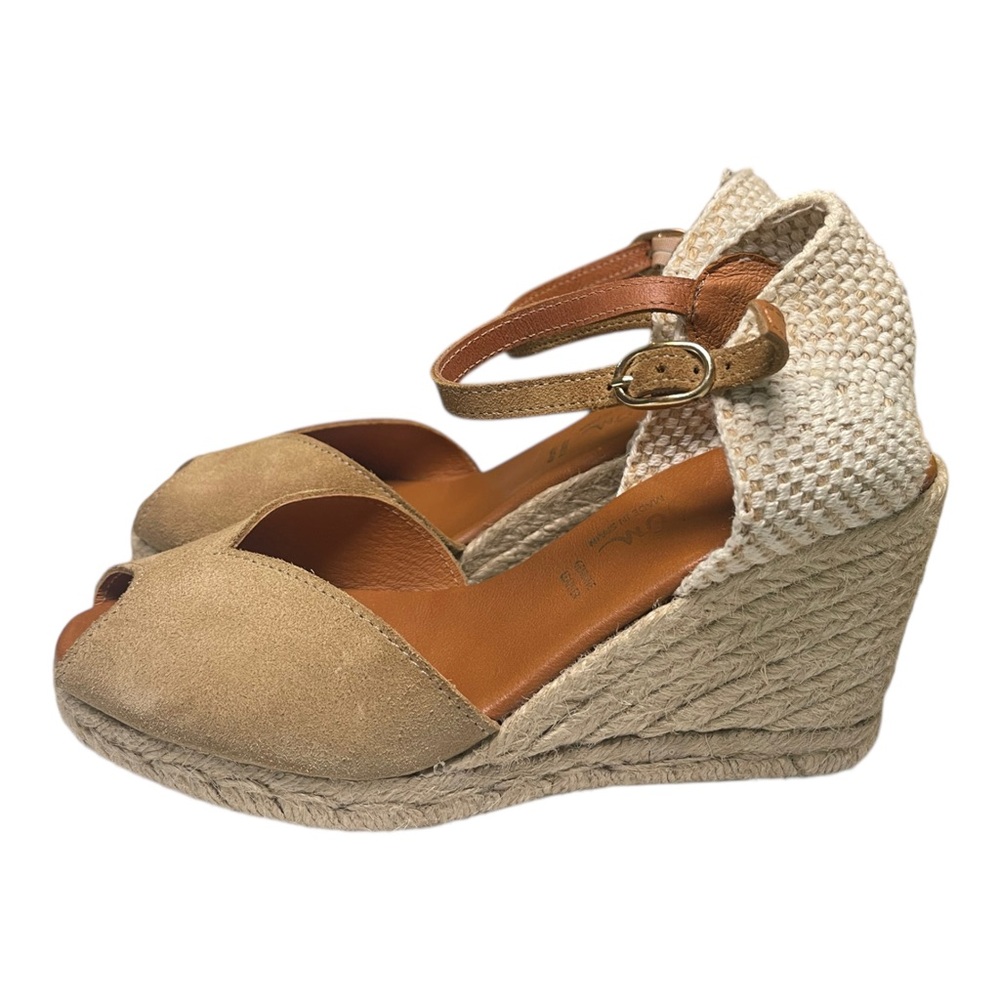 Dalson Tan Suede Peep Toe Wedge Espadrille Sandals Made In Spain Size 6.5 - Picture 2 of 12